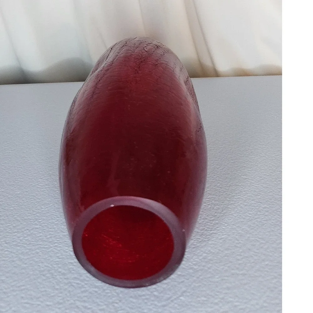 Ruby Red Crackle Glass Vase Decorative Bulbous Hand Blown Floral Vessel